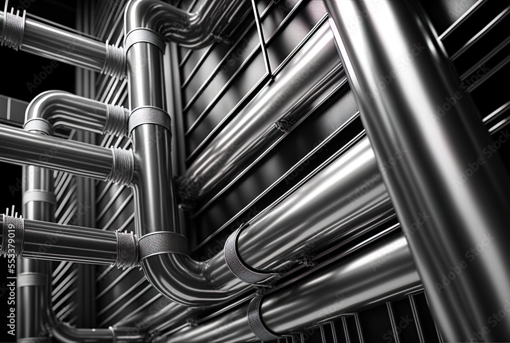 Background in production chrome with pipes and cables Industrial