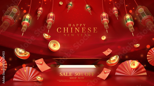 Red luxury background with product display podium element with 3d realistic chinese new year ornament and glitter light effect decoration and bokeh. Vector illustration.