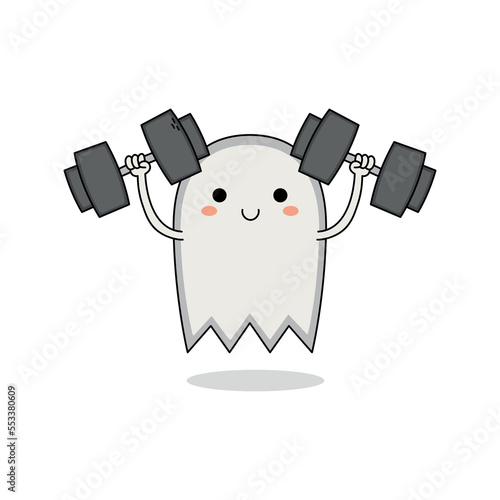 Cute ghost cartoon character lifting dumbbell