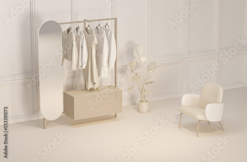 Clothes on grunge background,mirror and shelf on cream background. Collection of clothes hanging on a rack in pastel beige colors. 3d rendering, studio, store and bedroom concept  © Tiviland