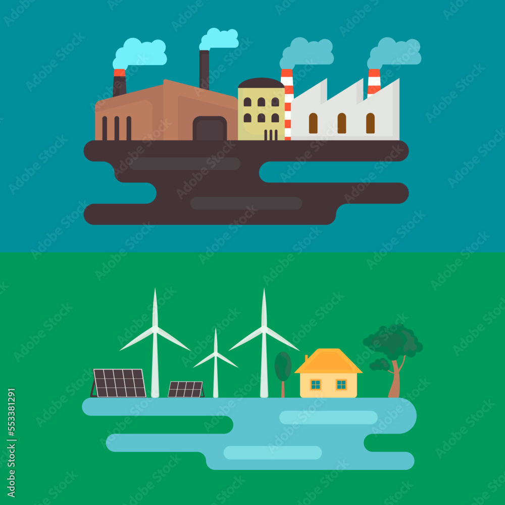  icon, sticker, button on the theme of saving and renewable energy with non-renewable energy and wind turbines, solar panels