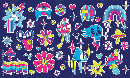 Psychedelic stickers in retro y2k style. Retrowave acid patches with mushrooms, skull, flower, rainbow, flag and mouth, vector cartoon set isolated on background