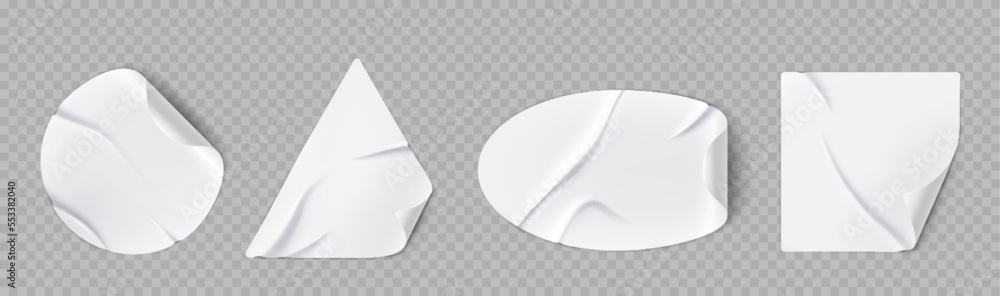 White stickers with curl corners and wrinkles. Peeling off sticky notes, crumpled paper labels circle, square, oval and triangle shape isolated on transparent background, vector realistic set White stickers with curl corners and wrinkles. Peeling off sticky notes, crumpled paper labels circle, square, oval and triangle shape isolated on transparent background, vector realistic set