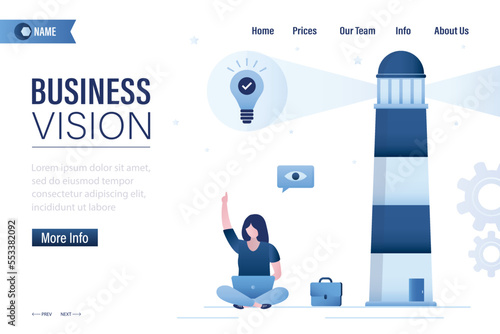 Businesswoman working on laptop, lighthouse points the way to new idea. Brainstorming. Business vision, landing page template. Pitching ideas, strategic analysis. Business navigation