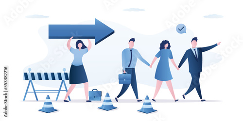Boss or leader showing right direction for business team, warning about wrong ways. Road sign and traffic cones. Business training, coach uses big arrow. Corporate guidance