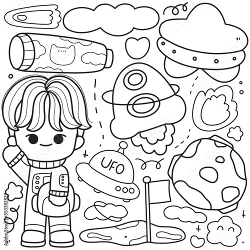 space kids outline, coloring page vector illustration 