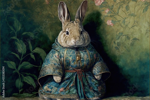 cute chinese rabbit unwillingly taking a portrait, year of the rabbit, lunar new year 2023, generative AI