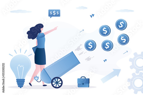 Successful company pays dividends. Woman investor shoots money from cannon. Businesswoman invests in new startups or profitable enterprises. Startup making money, profit.