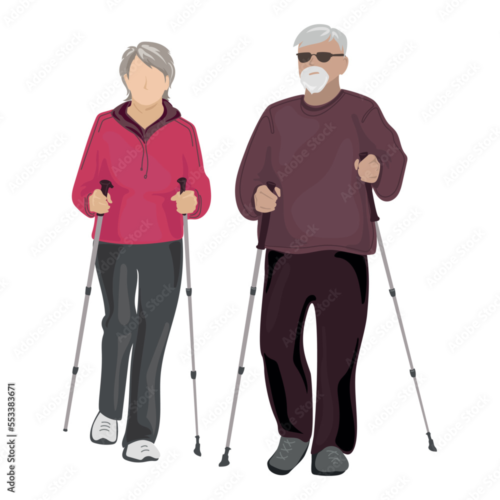 Elderly couple performing Nordic walking with stikcs Vector illustration.Senior characters doing sport.Grandmother and grandfather training together.Old people activity. Elderly couple performing Nordic walking with stikcs Vector illustration.Senior characters doing sport.Grandmother and grandfather training together.Old people activity.