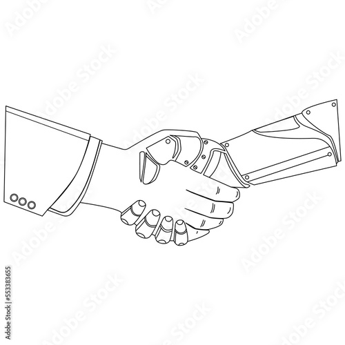 Business human and robot handshake line drawing vector illustration.Artificial intelligence concept.Bionic robotic hand and human hand outline symbol design,black and white image,logo,icon template