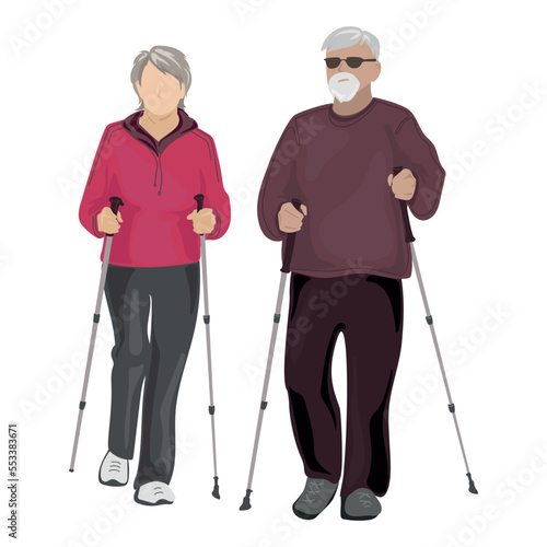 Elderly couple performing Nordic walking with stikcs Vector illustration.Senior characters doing sport.Grandmother and grandfather training together.Old people activity.