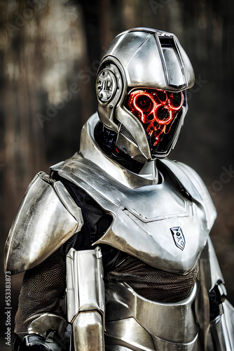 Alien warrior robot with metal armor and red glowing face, generative ai