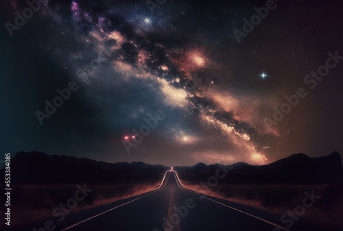aesthetic mixture of a black galaxy, a starry sky, and a road. Generative AI