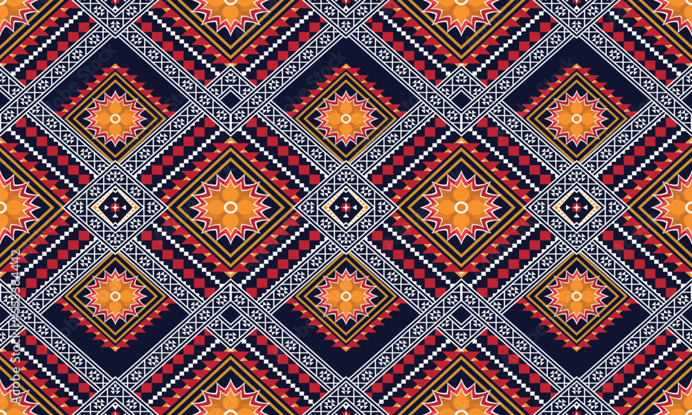 Abstract geometric ethnic pattern design for clothing, fabric, background, wallpaper, wrapping, batik. Knitwear, Pixel pattern, Embroidery style. Tribal vector texture.