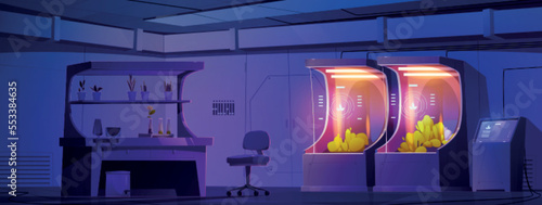 Night laboratory interior with plants growing equipment. Futuristic experimental lab on spaceship or secret bunker with scientific biotechnology technics, lamps and sprouts Cartoon vector illustration