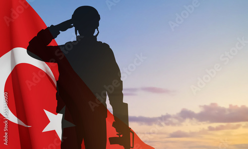 Silhouette of saluting soldier with Turkey flag on the sunset. Greeting card for Turkish Armed Forces Day, Victory Day, National Holidays. EPS10 vector