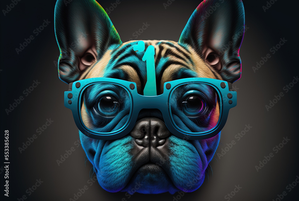 2020 typography with a French bulldog mascot wearing multicolored spectacles isolated on a blue backdrop. idea for the year's finish. aerial view. Generative AI