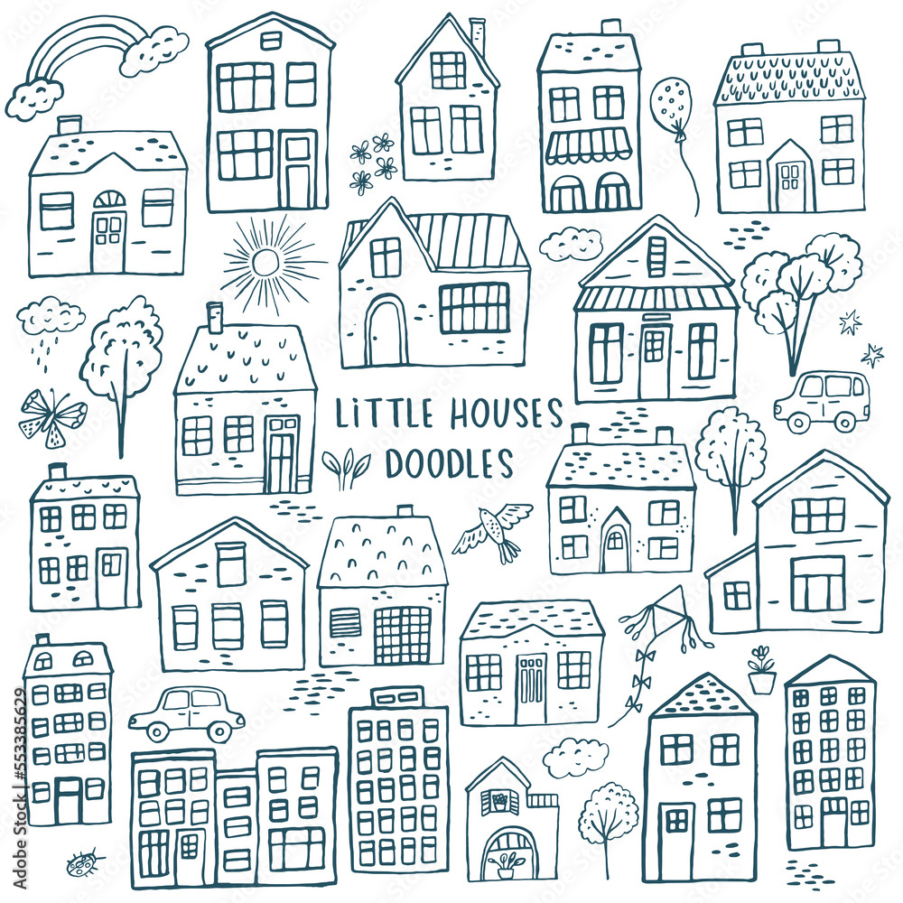 Doodle hand drawn little houses vector set