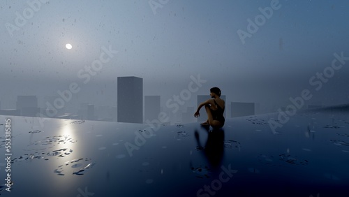 alone in the darkness of foggy places liminal space 3d render