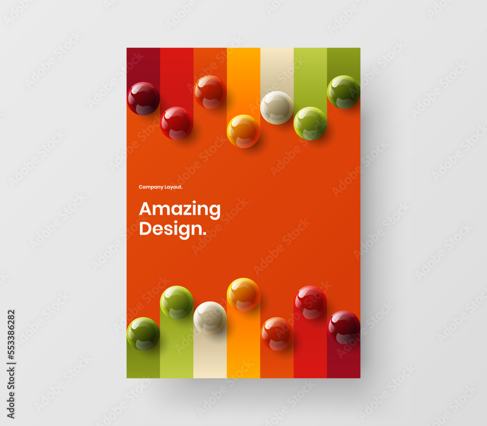 Multicolored realistic balls journal cover template. Trendy banner design vector layout.