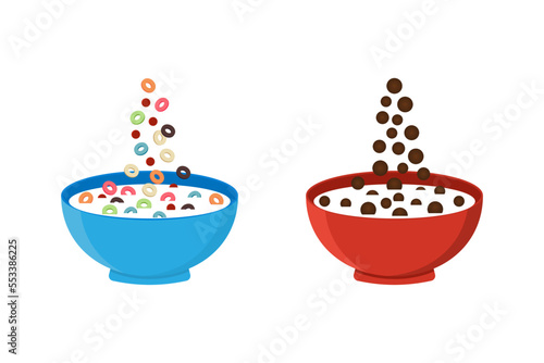 Cereal milk breakfast. Bowls with different flakes. Healthy food vector