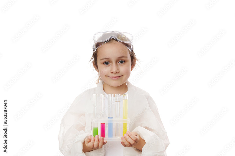 Caucasian smart child girl learning science chemistry, holding test ...
