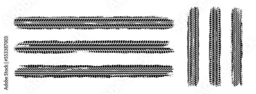Auto tire tread grunge set. Car and motorcycle tire pattern, wheel tyre tread track. Black tyre print. Vector illustration isolated on white background.