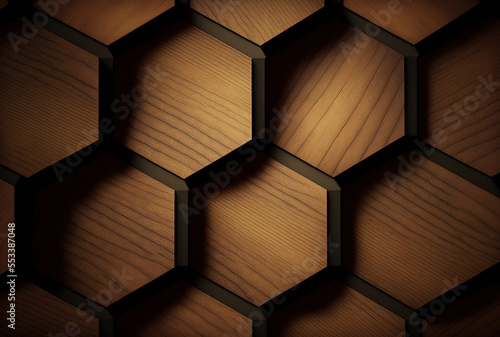 Background with a wood textured hexagon design. Generative AI