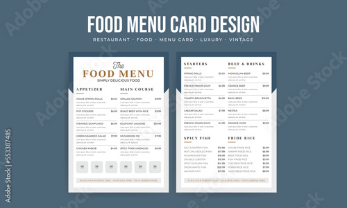 Vintage food menu card design, minimal restaurants food menu template, luxury vertical menu design