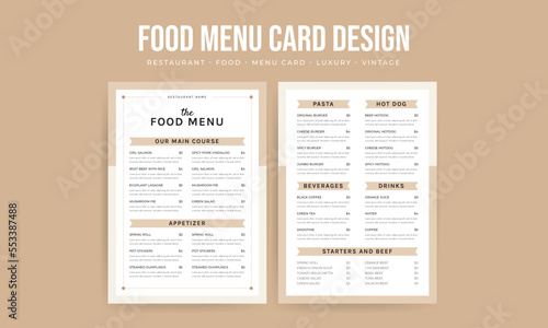Vintage food menu card design, minimal restaurants food menu template, luxury vertical menu design
