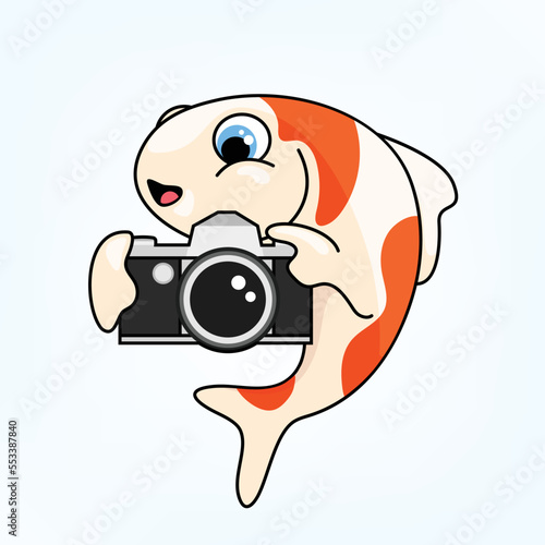 vector illustration of a Koi fish taking a photograph using a vintage camera