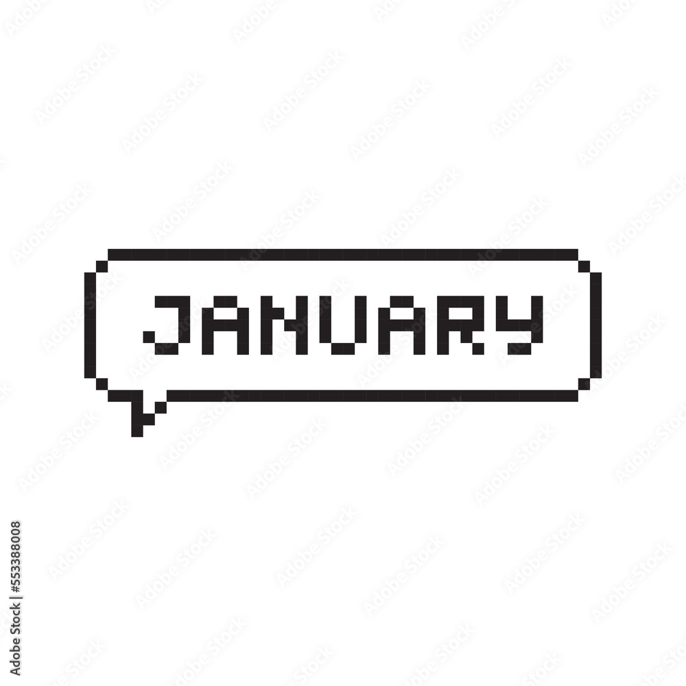 Month of January pixel art lettering in speech bubble. Month of January pixel art lettering in speech bubble.