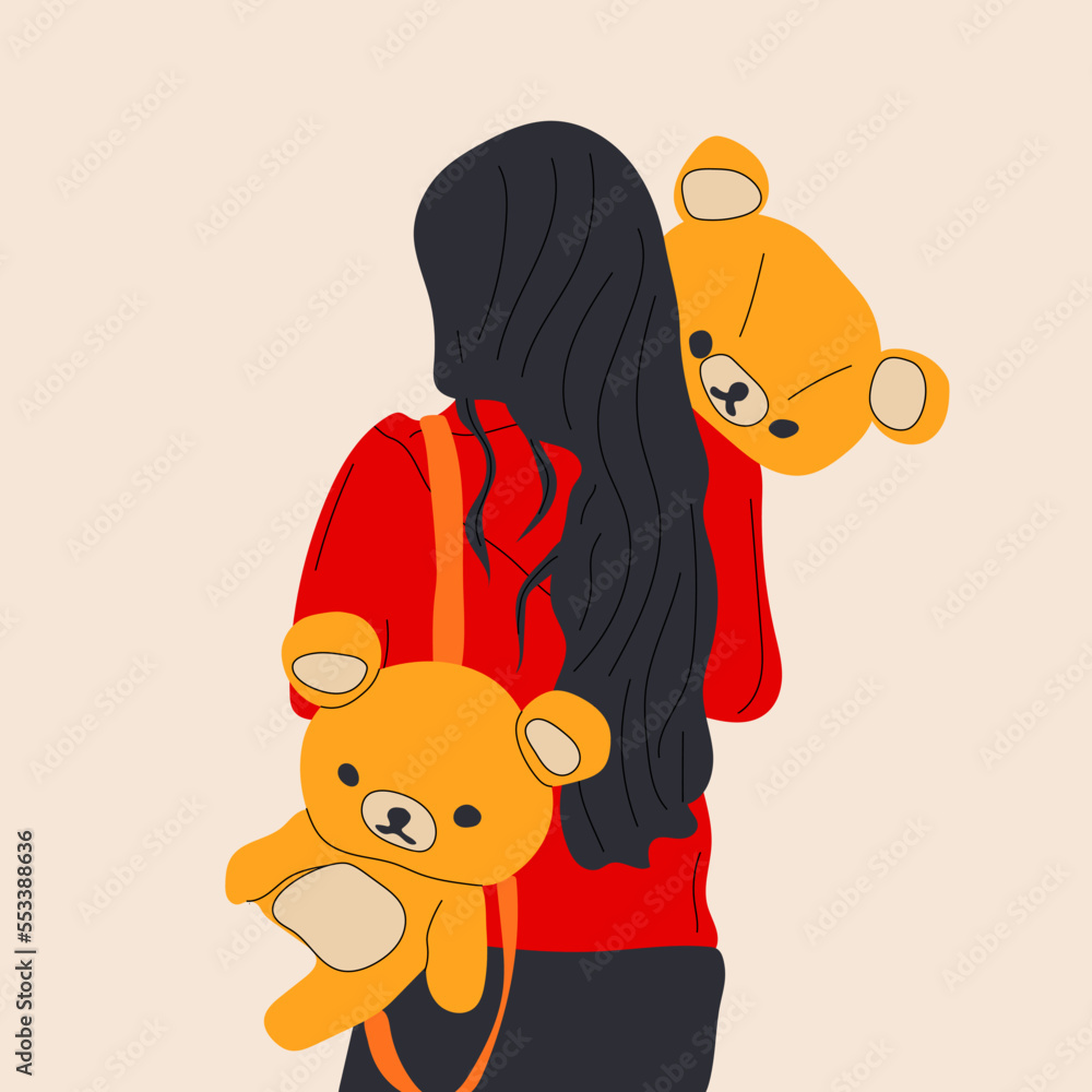 Pretty woman hug a giant teddy bear doll. Fashion girl illustration .Love Valentine s Day. Stock Vektorgrafik Adobe Stock