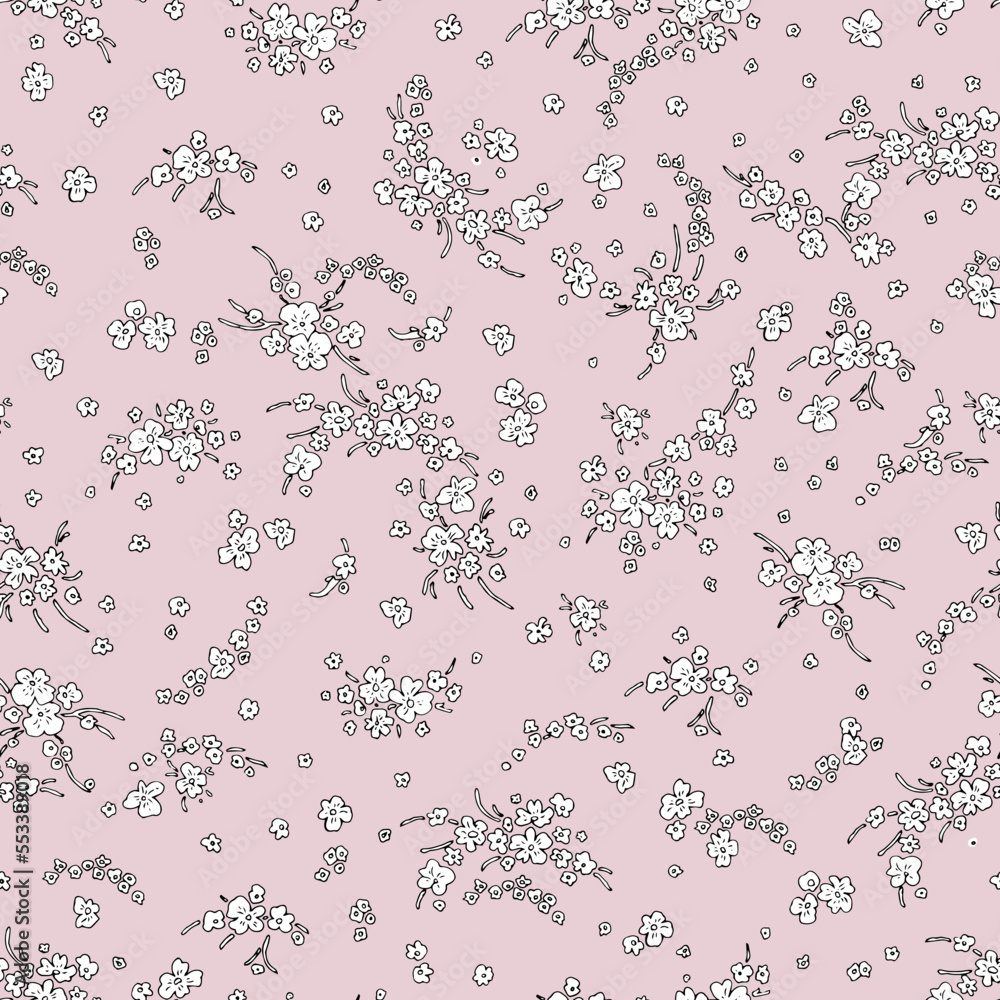 Cute pattern in a small flower. Small white flowers. Pale pink background. Fancy floral background. An elegant template for fashionable prints.