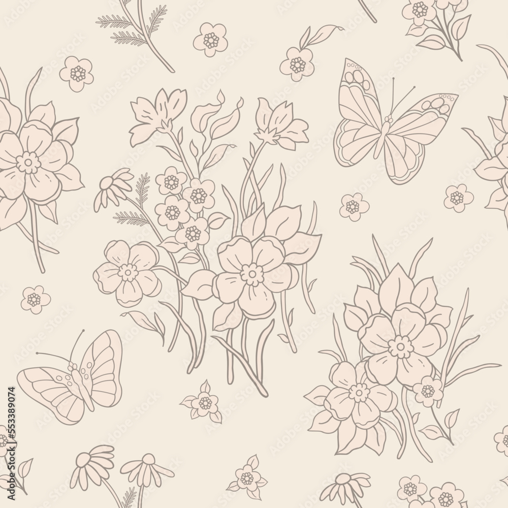 The pattern is a linear pattern of blooming summer flowers and butterflies. On a pale yellow background in small multicolored colors for textiles, fabrics, cotton fabric, covers, scrapbooking.