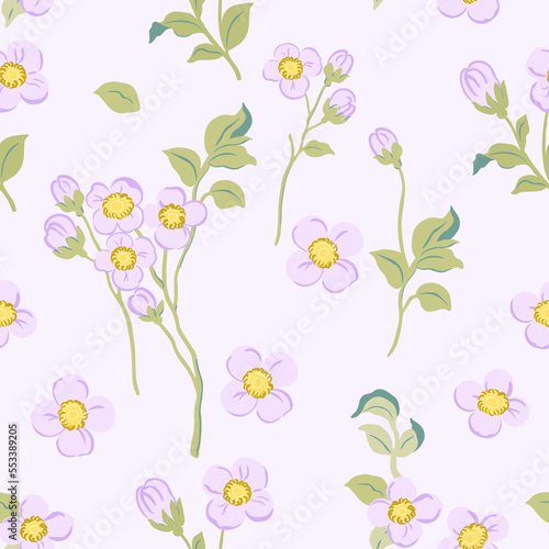 A pattern of delicate purple flowers with yellow inflorescences and green stems on a pastel purple background. Abstract spring blossom for fabric wrapping paper, web and print surface design.