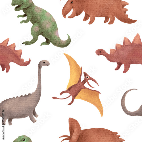 Dinosaur pattern in neutral subtle colors. Dino seamless background in pale tones. Kids  baby nursery design. Watercolor repeated backdrop