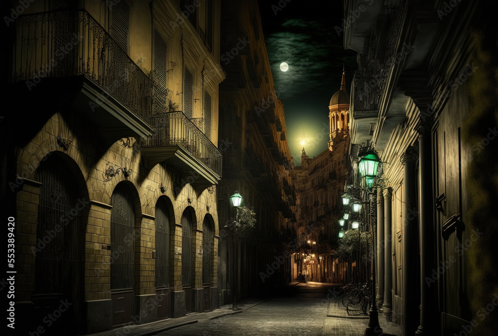 a nighttime view of a city street. Spain's Valencia. Generative AI