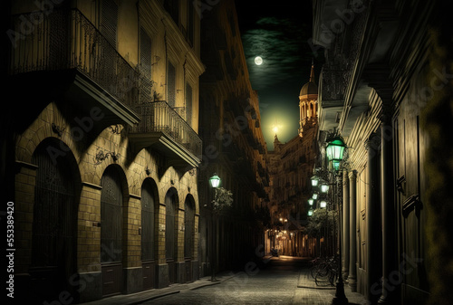 a nighttime view of a city street. Spain s Valencia. Generative AI