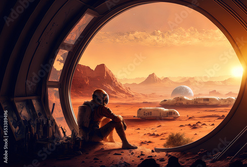 Leinwand Poster astronaut colony on mars resting and taking in the view