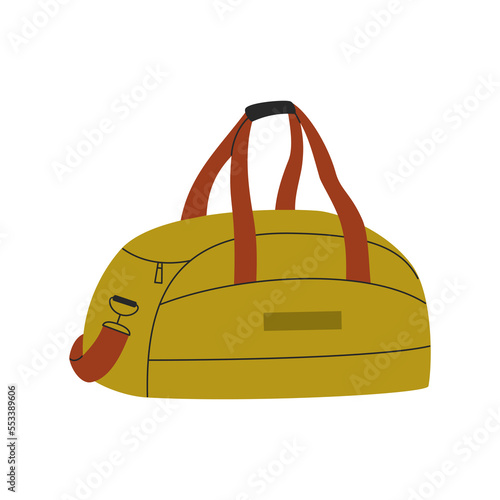 Sport bag for sportswear, inventory and equipment. Fitness accessory. Concept of workout trainings. Hand drawn colored vector illustration isolated on white background. Flat cartoon style