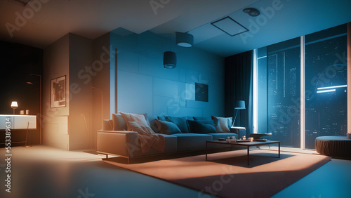 futuristic looking living room with neon lights © kwanyee