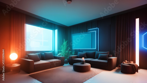 futuristic looking living room with neon lights
