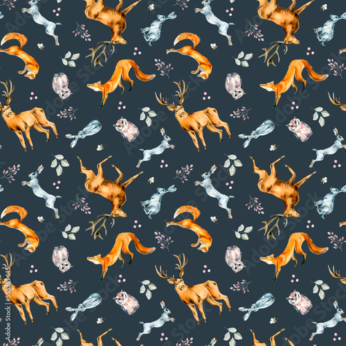 Wild animals  hare  fox  owl  deer watercolor seamless pattern isolated on dark.