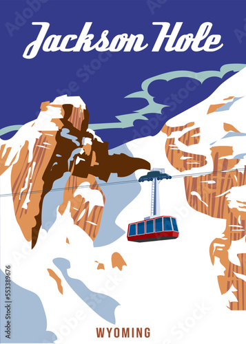 Travel poster Jackson Hole resort vintage. Wyoming USA winter landscape travel card