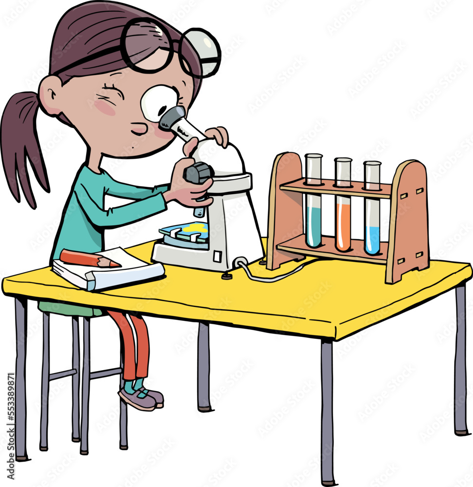 girl with a microscope is doing an experiment and writing down the details girl with a microscope is doing an experiment and writing down the details