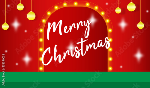 Christmas banner red tablecloth product display with copy space and gift box decorate