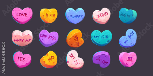 Conversation candies for Valentine day, vector love sweet hearts with romantic messages for boyfriend or girlfriend. Colorful Valentines sugar food collection, Cartoon illustration, isolated icons set