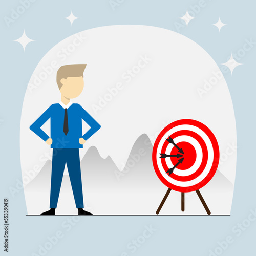 Vector businessman set target achievement for the business concept,Flat of businessman looking at the goal concept mountain background