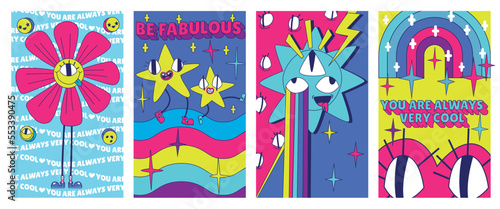 Y2k retro flyers with trippy characters flower and stars on rainbow. Surreal cyberpunk vector illustration in trendy psychedelic style. Abstract motivational posters design with motto